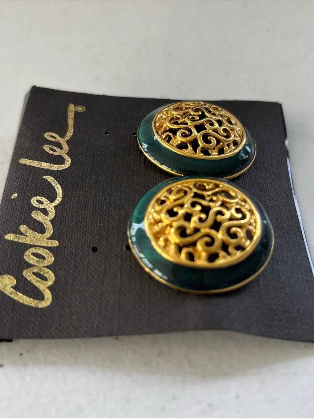 Cookie Lee Gold Filigree with Dark Green Enamel Button Earrings